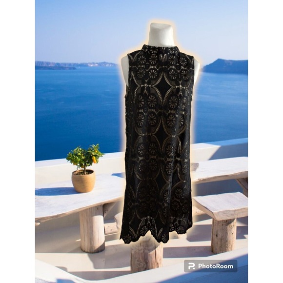 Umgee 60s 80s Black Lace Shift Dress Nude Lining Halter A Line Shift Size S Goth - Picture 1 of 9